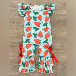 Blue and Strawberry Ruffle Romper, Boutique outfit, size 6-12 months